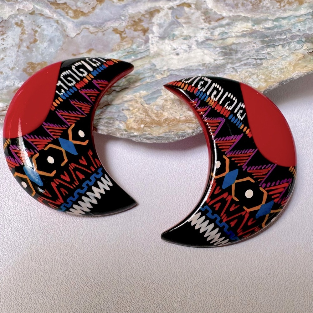 Tribal Crescent Earrings - Red and Black